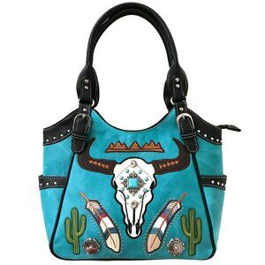 New Longhorn Skull Feather Embroidery Tote Purse